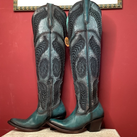 Corral Shoes - CORRAL Willow Over The Knee  Black & Turquoise Western Boots ~3” Heel Inside Zip